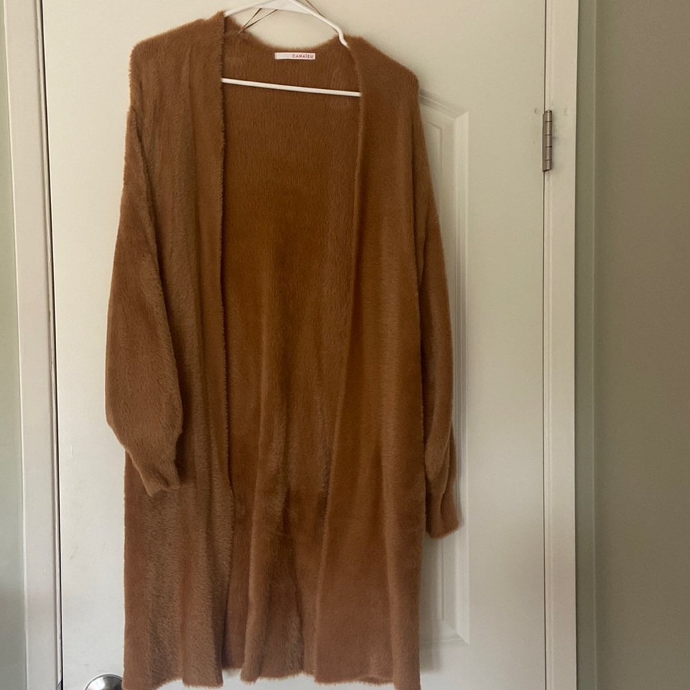 Long camel color cardigan